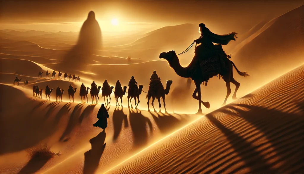 Mysterious Desert Caravan Journey at Sunset - Suspenseful Adventure Scene