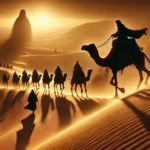 Mysterious Desert Caravan Journey at Sunset - Suspenseful Adventure Scene